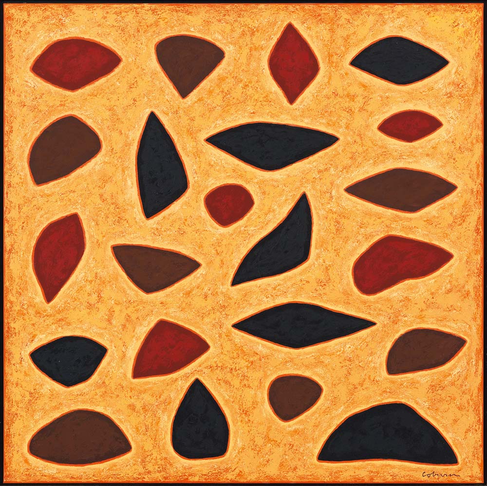 Decorative tile with a pattern of red, black, and brown shapes on a beige background